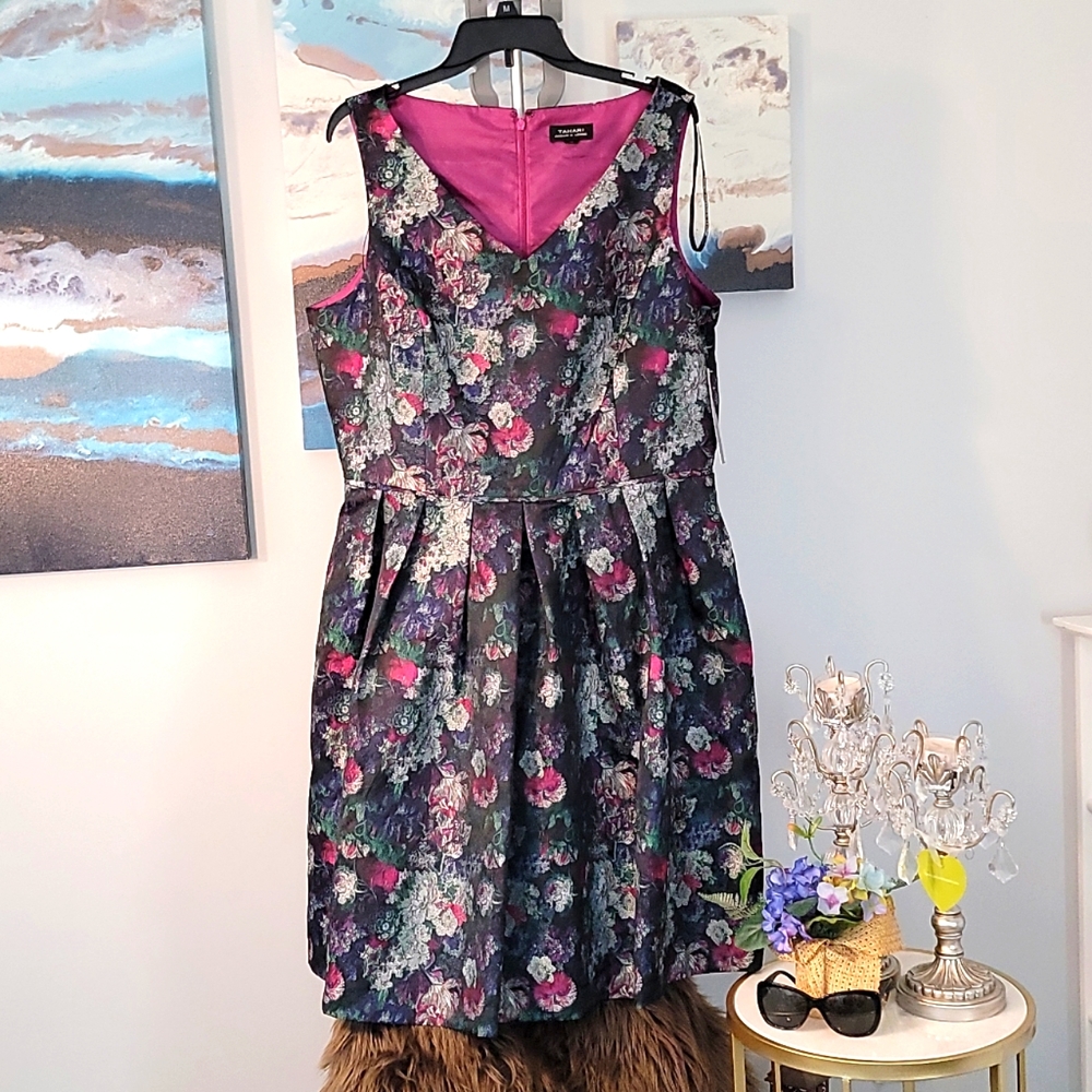 Tahari Asl V-Neck Fit & Flare Dress  Black Magenta